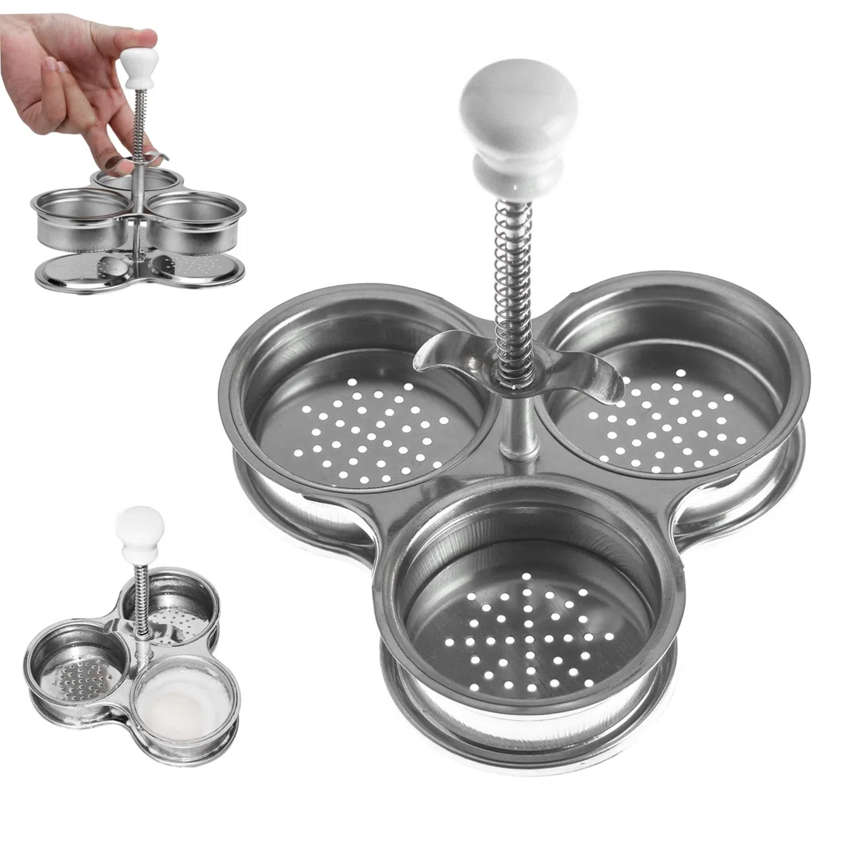 Poacher de huevo de acero inoxidable cocina de huevo escalfado con 3 tazas para herramienta de cocción para el desayuno, cazador furtivo de acero inoxidable