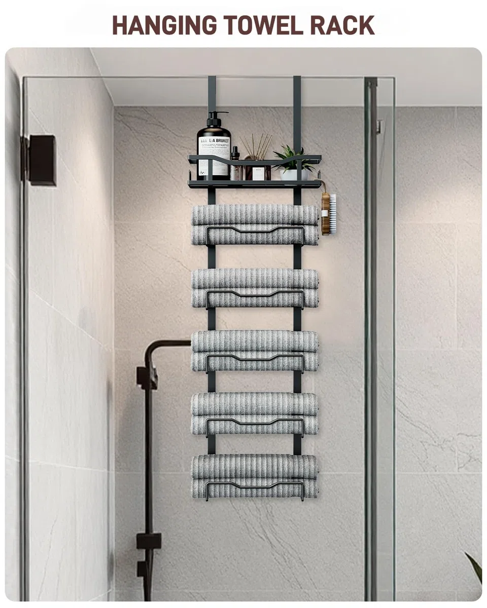 Toalleros Colgantes para baño, sin Taladro, Organizador de Almacenamiento de Toallas de baño sobre la Puerta, Soporte Vertical para Toallas enrolladas, Caravana, Ideas de baño pequeñas, Color Negro