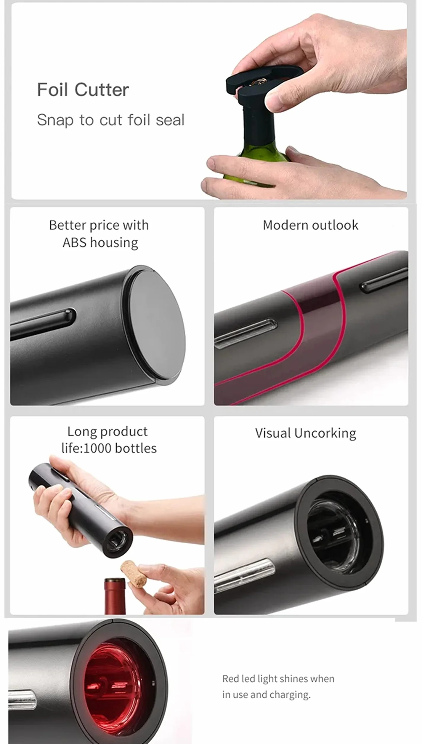 Sacacorchos Eléctrico, Abridor Botellas de Vino Profesional Recargable, Abrebotellas Automático Portátil con Cable USB, Cortacápsulas Botella, Tapón de Vino de Vacío y Vertedor de Vino