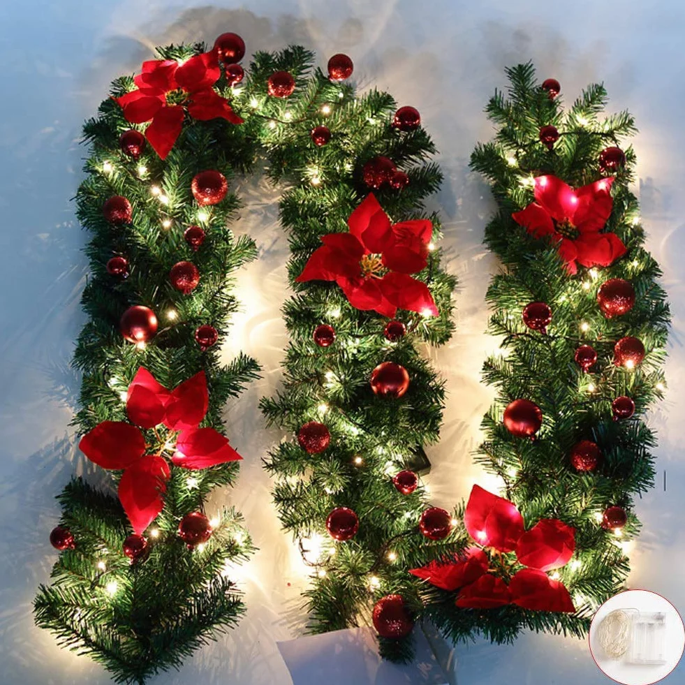Queta - Guirnalda de árbol para decoración de Navidad, Guirnalda con Bolas de Corona de Flores, Bola con luz LED para Puerta de Entrada, 270 cm (Rojo)
