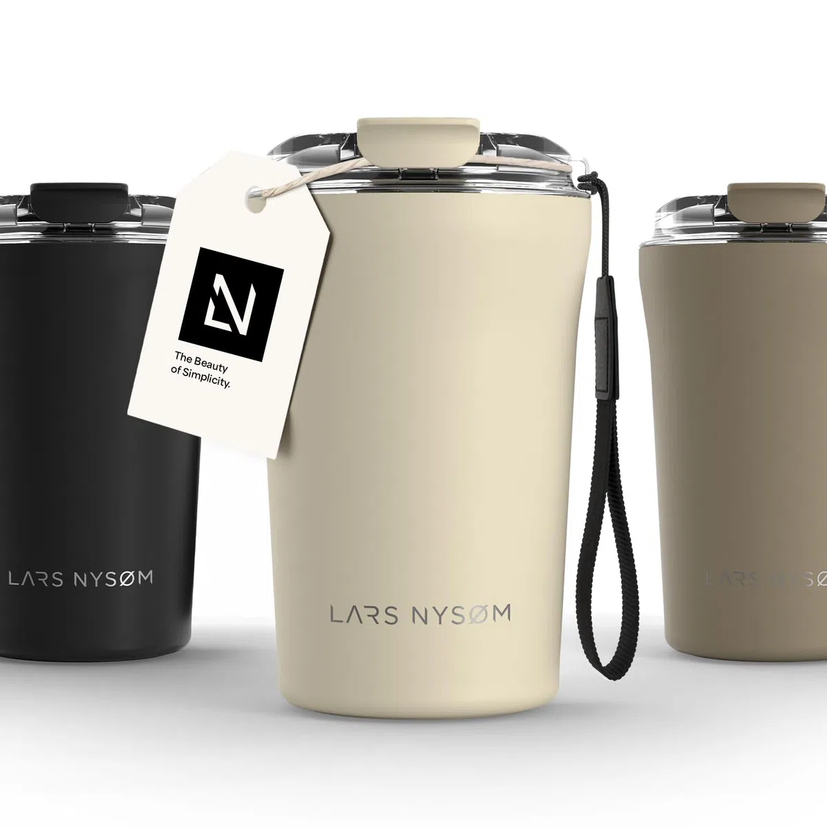 LARS NYSØM Taza térmica café para llevar con correa y Tapa Tritan | Termo Café de 0,38 litros con aislante | Travel mug de acero inoxidable a prueba de fugas (Almond Beige, 380ml)
