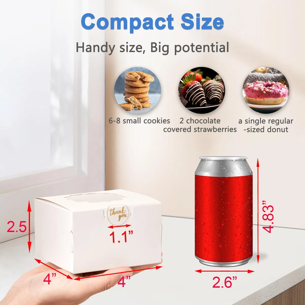 B4BAI100 100 cajas de regalo pequeñas de panadería de 4 x 4 x 2.5 pulgadas con ventana