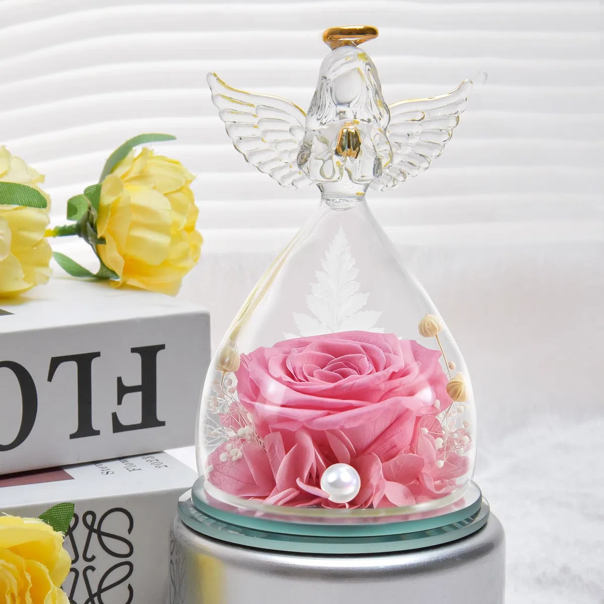 Regalos Navidad de Angel para Mamá Ella, Rosa Eterna en Cúpula de Cristal de Angel, Flores Preservadas Regalos Navidad Mama Abuela San Valentín Dia De la Madre Aniversario Pareja