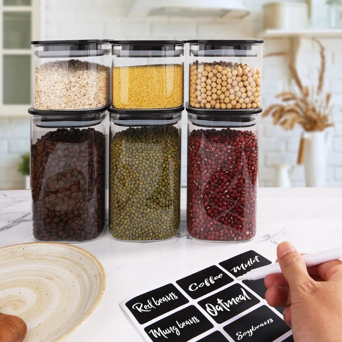 6PCS Tarros de Cristal con Tapa 1000ml/600ml, Herméticos & Apilables - Botes de Cristal con Tapa Cuadrados - Botes Cocina Almacenaje para Pasta, Cereales, Legumbres, Café