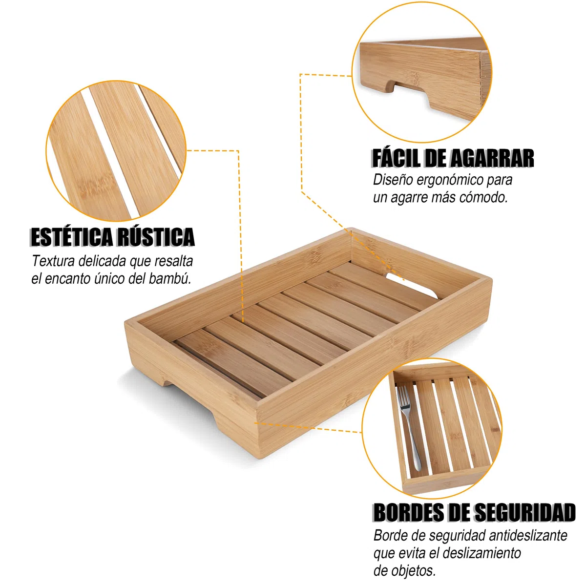 Set de 3 Bandejas de Bambú con Asas Ocultas, Organizadores Multiusos para Cocina, Comedor y Salón, Medidas: 38x26, 35x23, 32x20 cm, 5 cm de Alto,XZ-22115-1