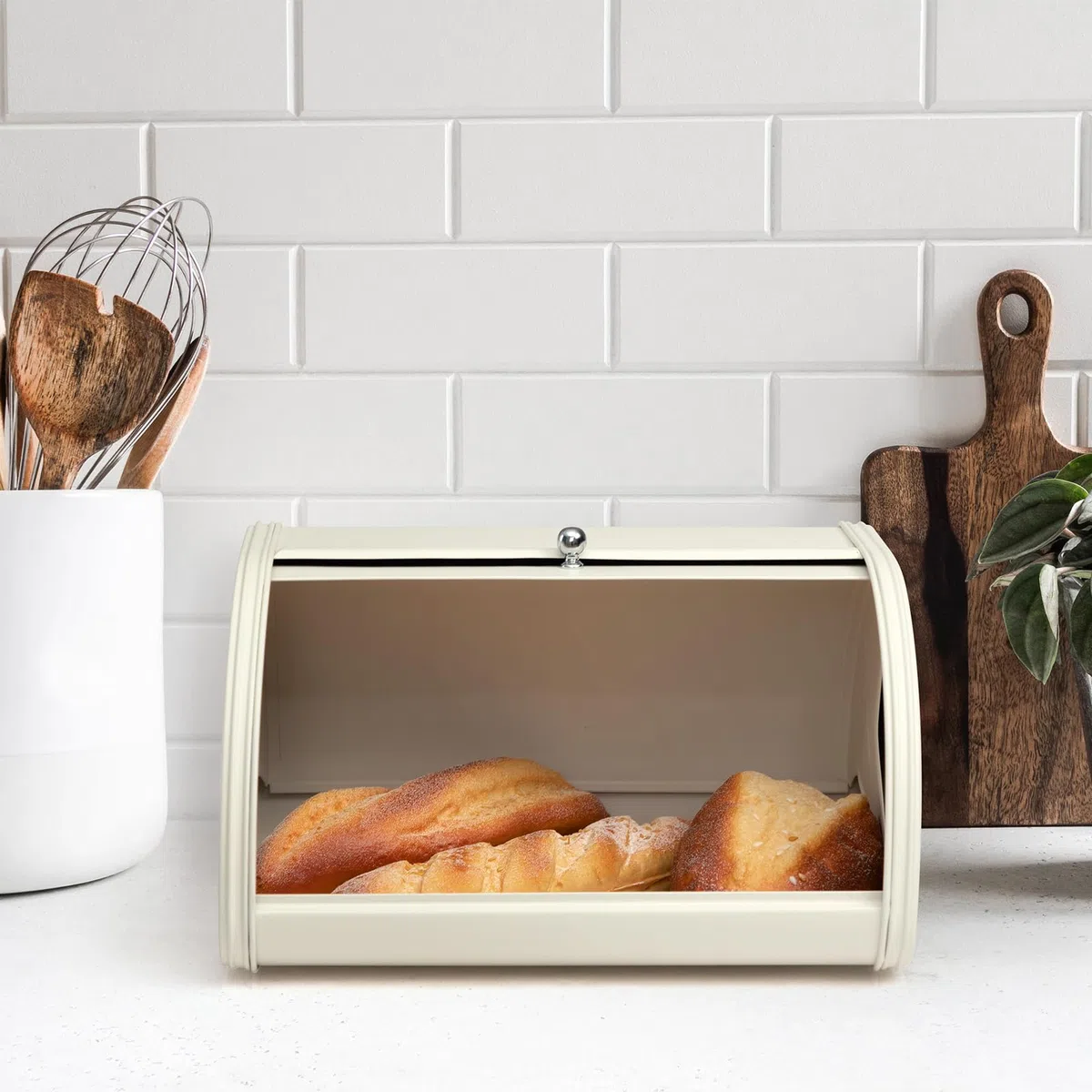 HollyHOME Panera con Cuerpo de Acero Inoxidable Paneras de Metal para Cocina Contenedores de Almacenamiento de pan con Tapa Enrollable de Fácil Almacenamiento, Crema