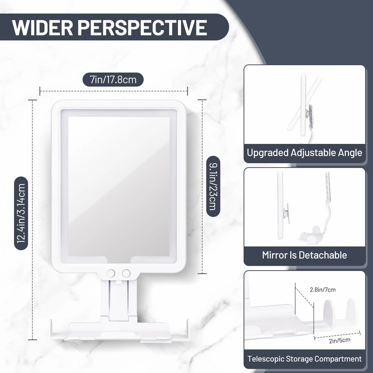 Espejo de Ducha antivaho LED,3 Temperaturas de Color Regulables,Espejo de duchasin vaho con luz Recargable con Compartimento y Soporte para Maquinilla,Montaje en Pared (Sin Taladrar),Blanco