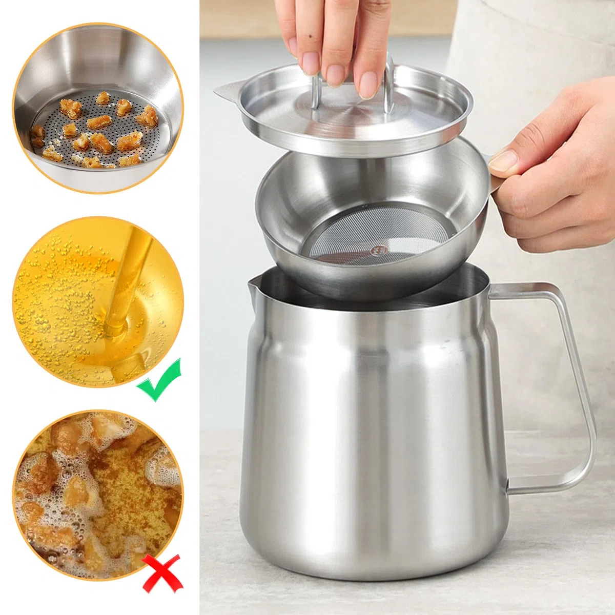 Recipiente para grasa de tocino, 2 L, mini olla de acero inoxidable con colador, filtro de aceite, recipiente para grasa de tocino, herramienta de cocina para almacenar aceite de fritura y grasa de
