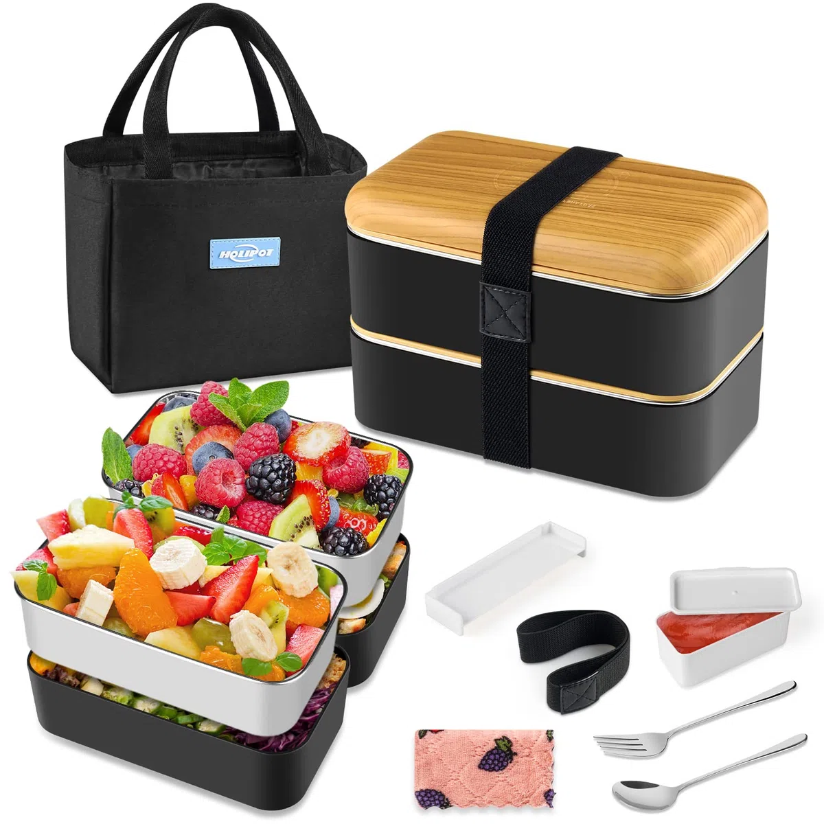 Fiambrera, Bento Lunch Box Estilo Japonés con Bolsa Termica Porta Alimentos, Cuchara y Tenedor Para Adultos Niños