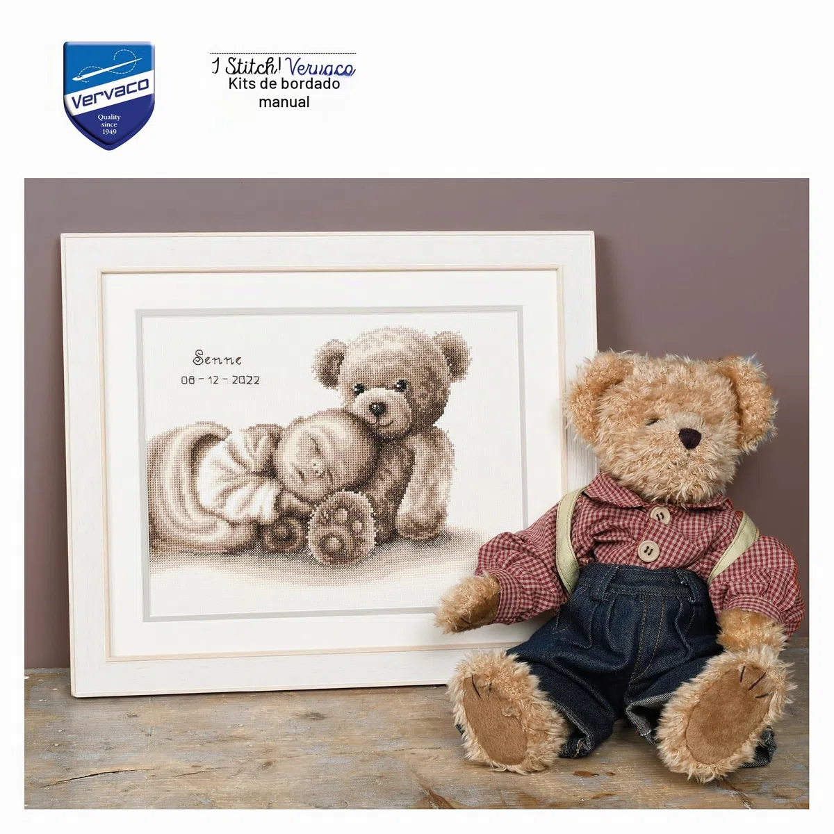 Vervaco Kit Punto De Cruz Bebe Nacimiento Regalos DIY Completo BEBÉ Y OSO Creativo Manualidades Creatividad Adultos Decoracion Pared Bordar Kit Principiantes ca. 28 x 22 cm Cross Stitch