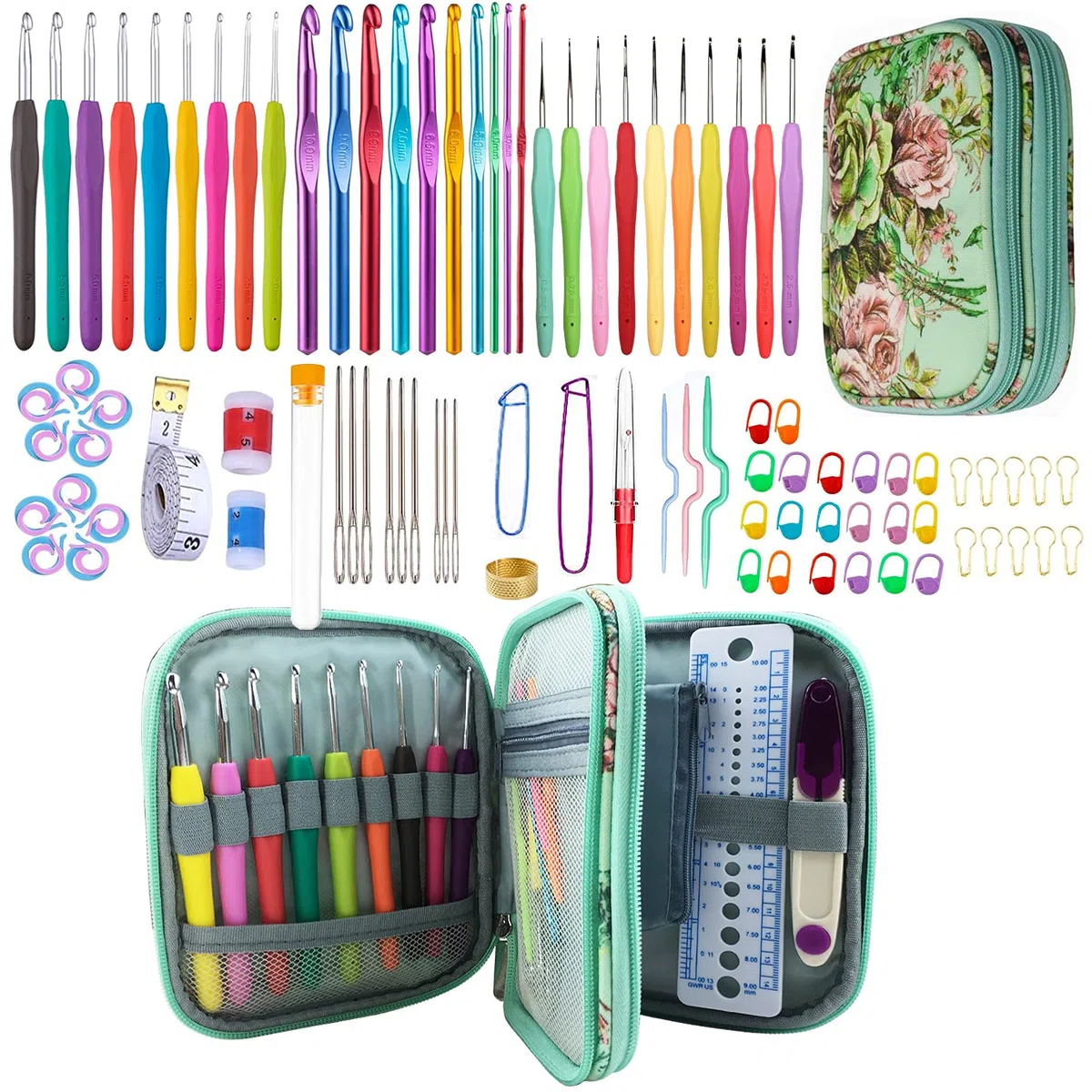 Juego de 100 agujas de ganchillo en estuche, mango ergonómico de agarre suave, kit de agujas de tejer y accesorios de aguja de ganchillo, juego completo para principiantes y amantes experimentados