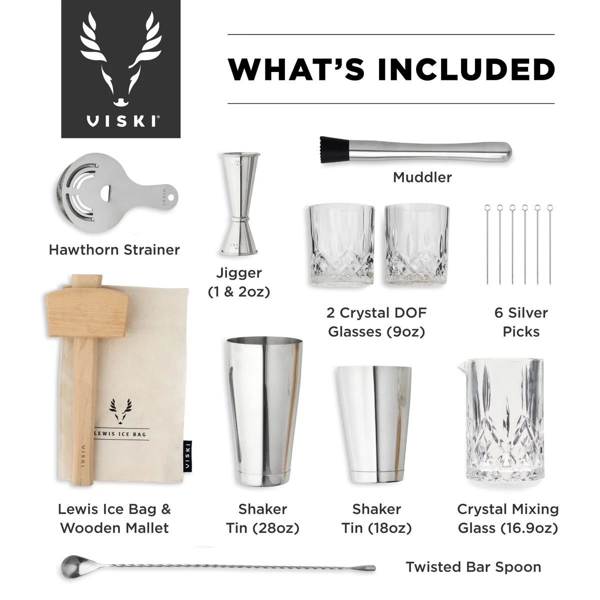 Viski El kit de camarero y el juego de utensilios de bar incluye coctelera Boston, vaso mezclador, medidor, mortero, colador, cuchara de bar, vasos de whisky, bolsa de hielo, mazo y palillos de cóctel