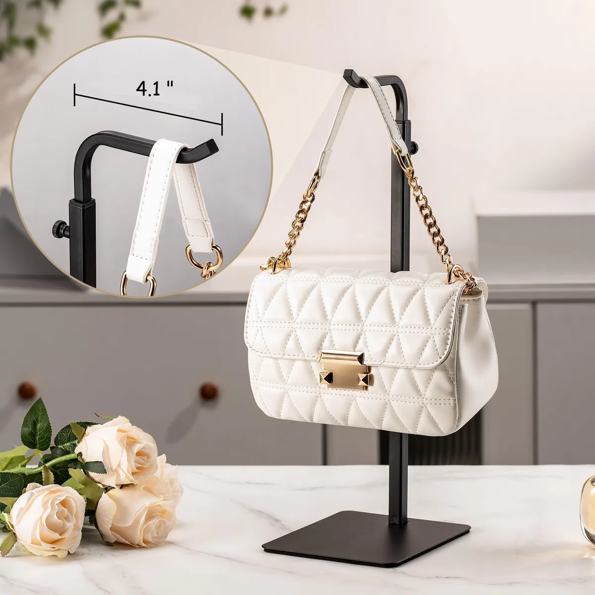pickpiff Paquete de 3 soportes para bolsos de mano: estante negro para bolsos, bolsos y coronas, soporte de gancho ajustable para mesa, armario y uso minorista para vendedores