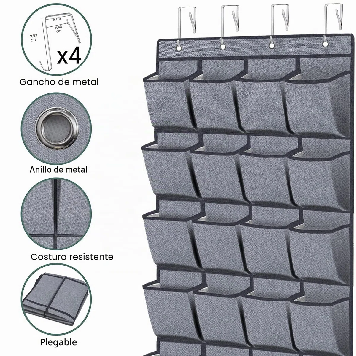 homyfort Organizador De Zapatos de tamaño grande Para Colgar De La Puerta, Zapatero Bolsa de Almacenamiento Armario Colgante, 24 Bolsillos, con 4 Colgador, Gris Lino, X3G12GP2