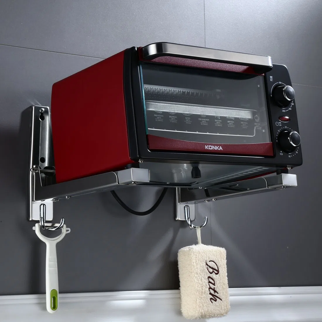 LOKEKE Soporte de pared plegable de acero inoxidable para horno microondas con ganchos de remolque
