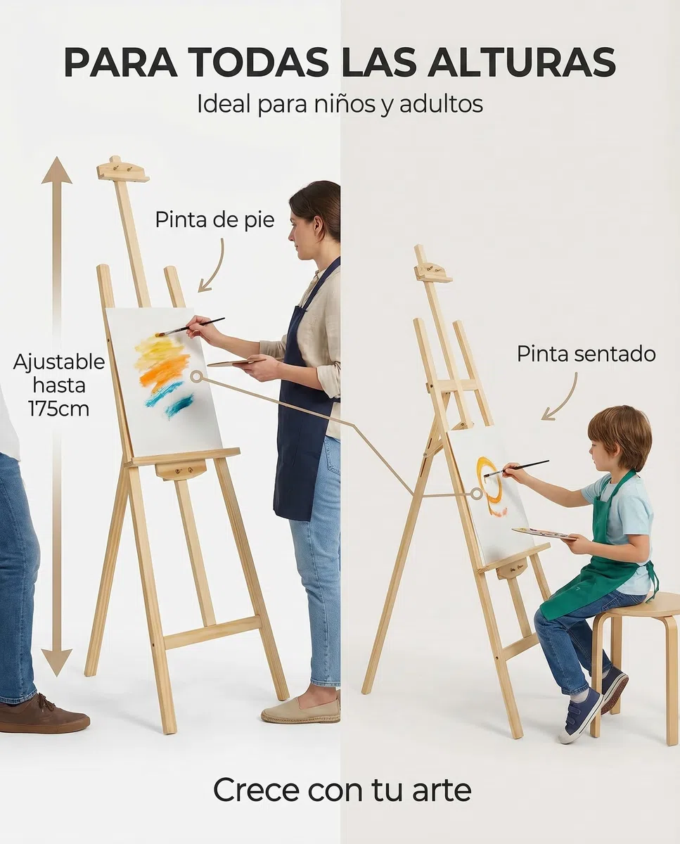 Caballete pintura - Altura regulable hasta 175 cm - Trípode estable con refuerzo metálico - Caballete madera - Plegable y fácil de transportar - Ideal para niños y adultos