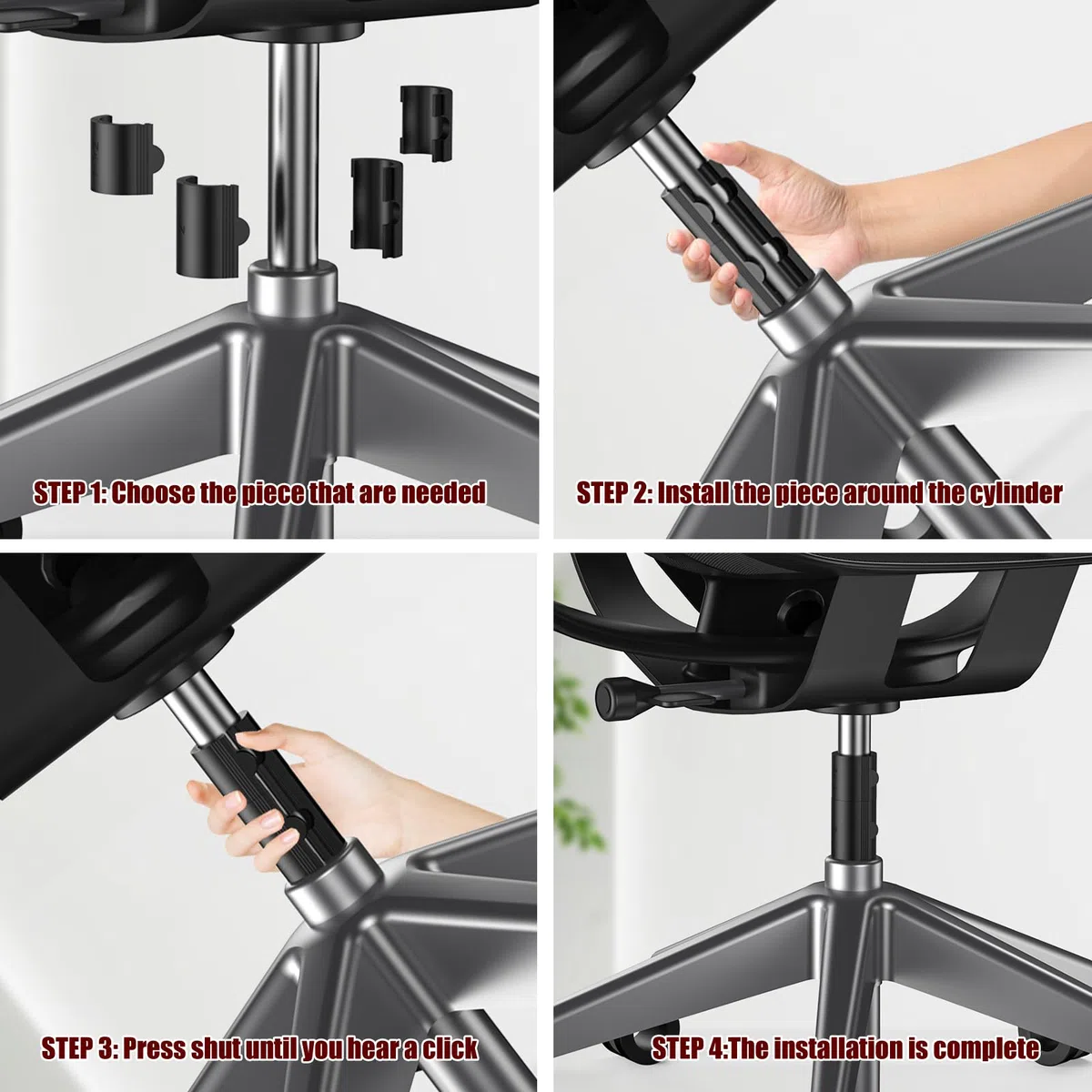 Abrazadera de tubo de fijación de barra de elevación para silla de oficina. Conecta la abrazadera al pistón del cilindro de la silla de oficina grande para evitar que el asiento se hunda, con