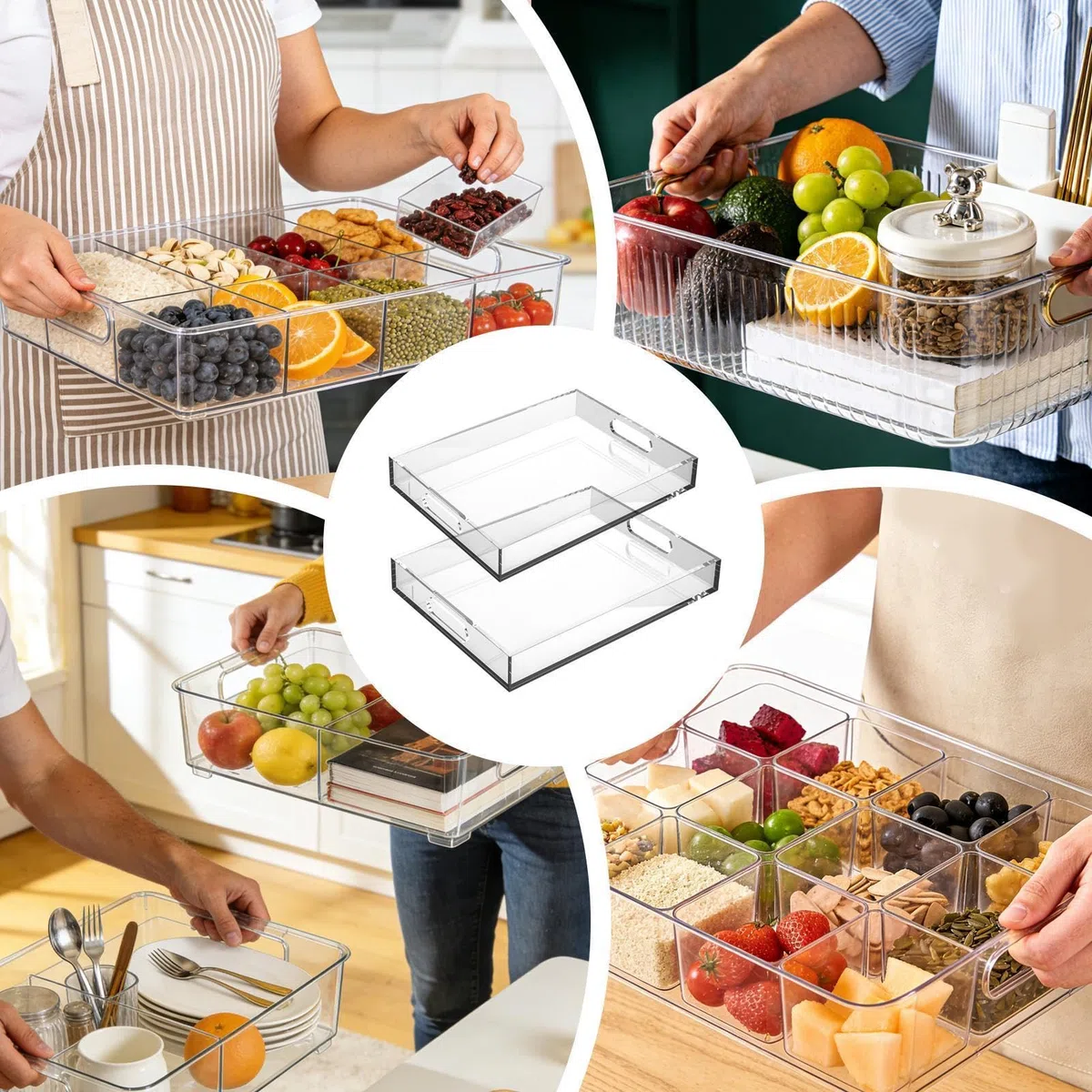 Bandeja de Servicio Transparente Juego de 2, herméticas con asas, | Bandeja de Servicio Antideslizante de Acrílico Para Mesa de Centro, Alimentos, Baño, Cocina, Cafetería, Comed