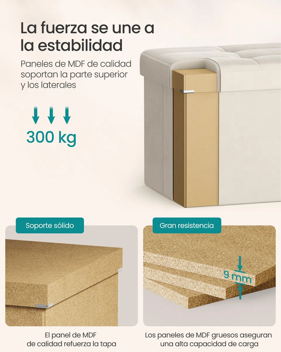 SONGMICS Puff Almancenaje, Banco Almacenaje Plegble, 38 x 76 x 38, Tapa Abatible, Taburete con Reposapiés, Carga 300 kg, Entrada, Salón, Dormitorio, Tela de Terciopelo, Beige Capuchino LSF048LH01