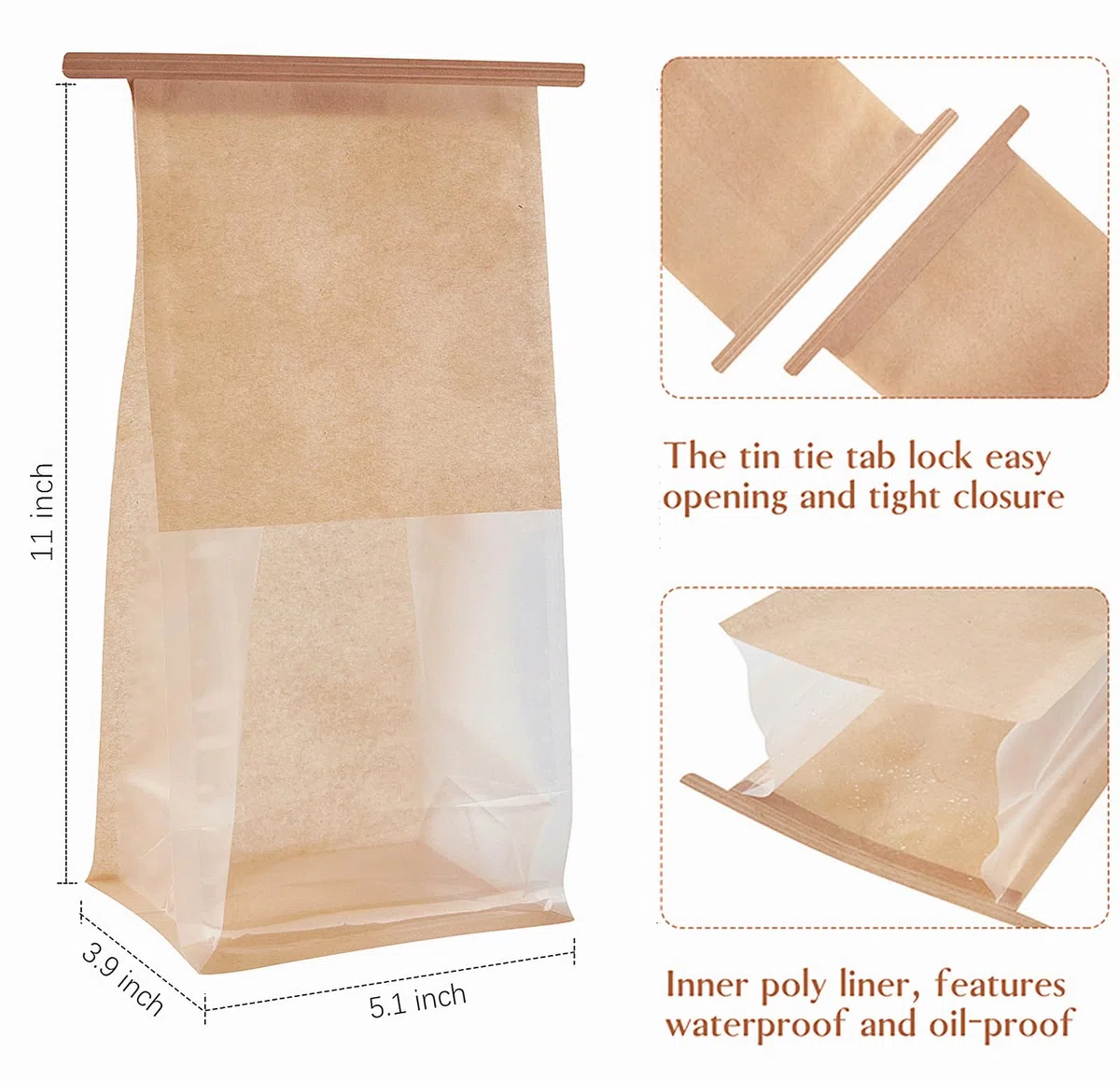 Ocmoiy 50 bolsas de panadería con ventana, bolsa de pan resellable, bolsas de pan con cierre frontal transparente para empacar galletas, pan, palomitas de maíz, bolsas de papel