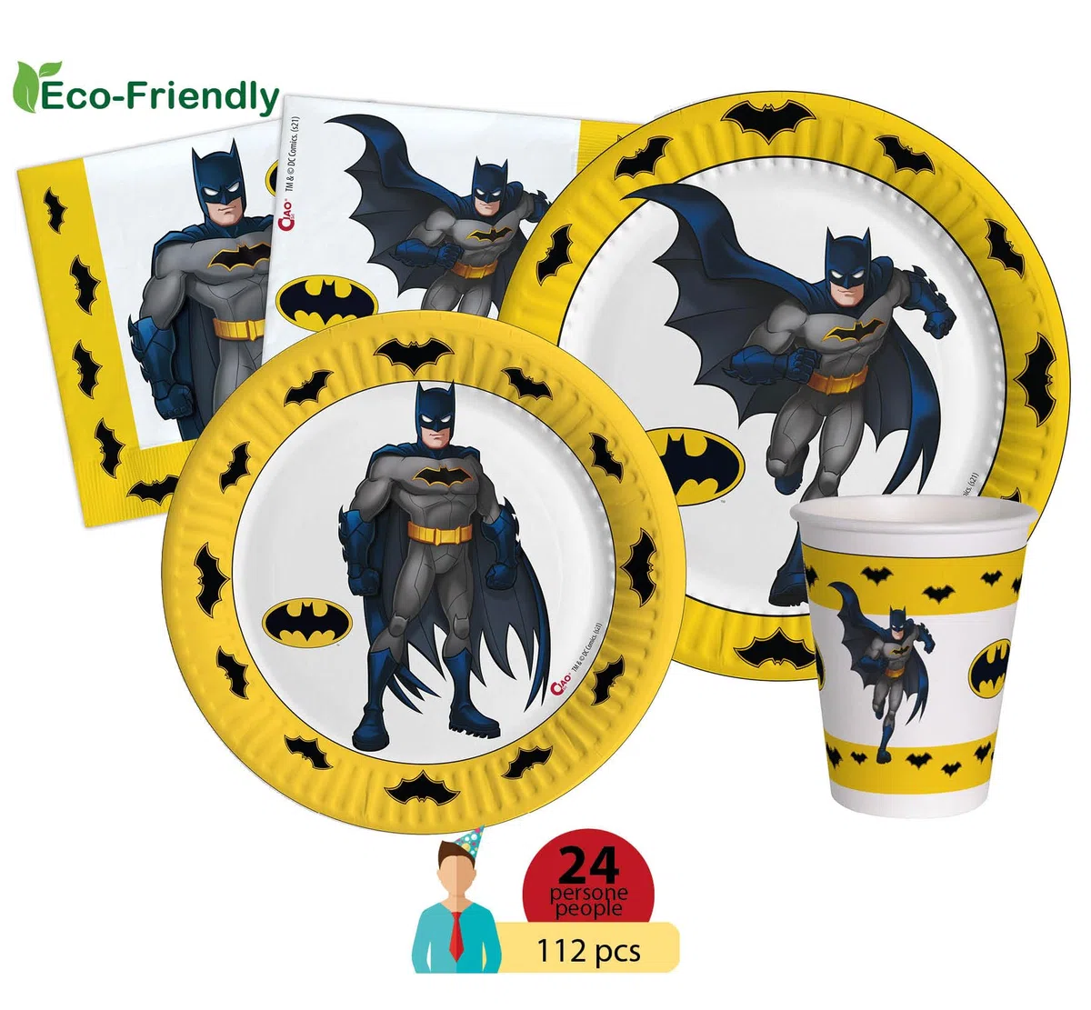 Ciao - Kit Vajilla de Fiesta Batman para 24 personas (112 pcs: 24 platos Ø23cm, 24 platos Ø18cm, 24 vasos 250ml, 40 servilletas 33x33cm) de papel compostable eco-friendly