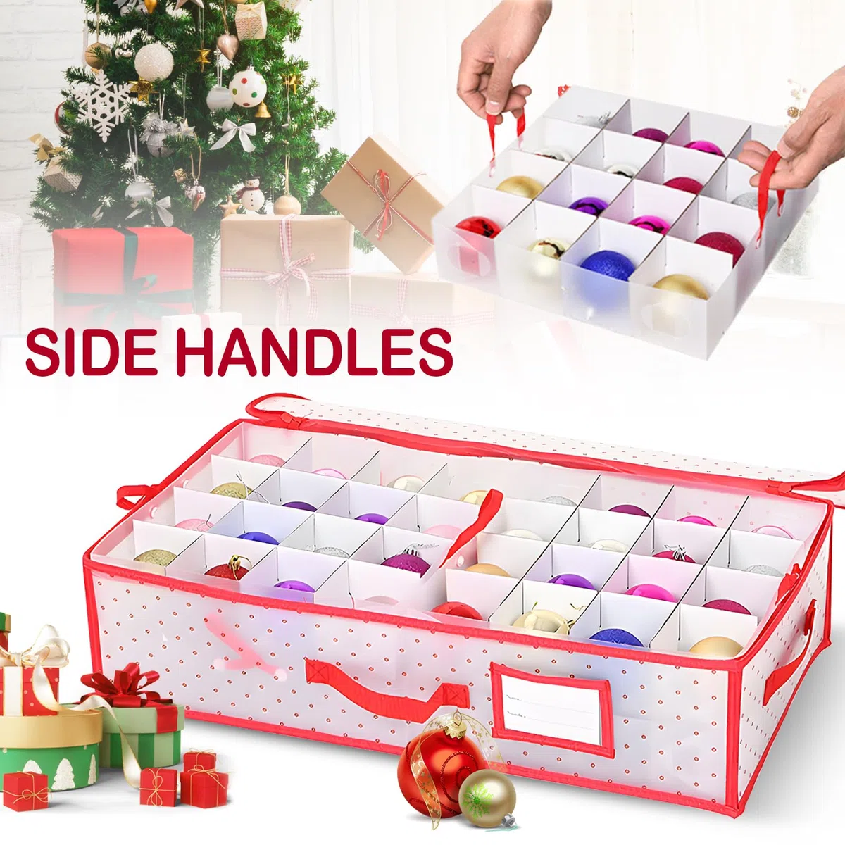 Caja Almacenamiento Bolas Navidad, Caja Transparente Rectangular Con Divisores 64 Compartimentos Organizador Adornos Navidad Plegable Para Decoraciones Navideñas 61x31x17 Cm