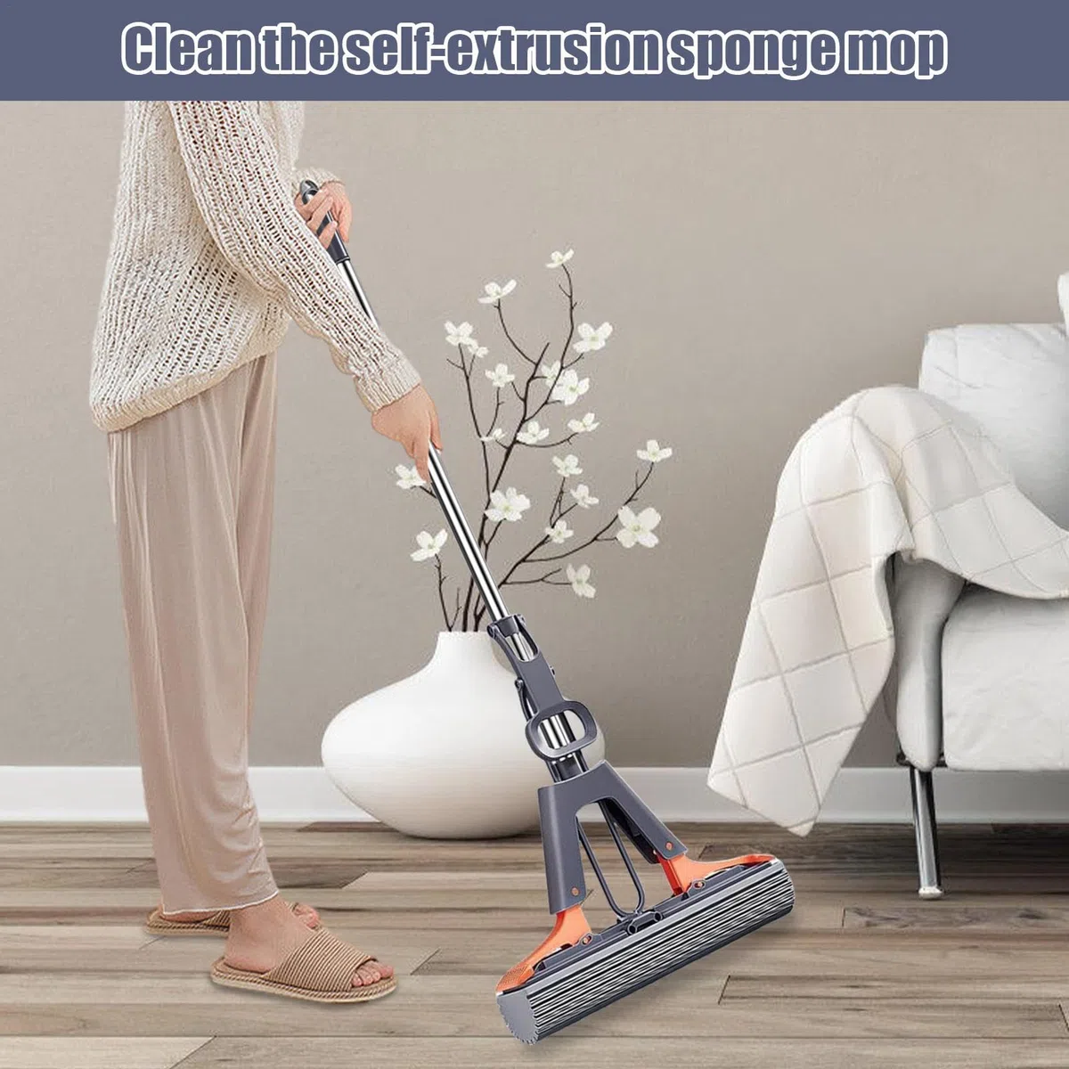 Esponja absorbente, fregona de esponja, fregona de prensa, con 2 esponja PVA absorbente y reutilizable, con mango de acero inoxidable, fregona esponja, fregona para lavar el suelo
