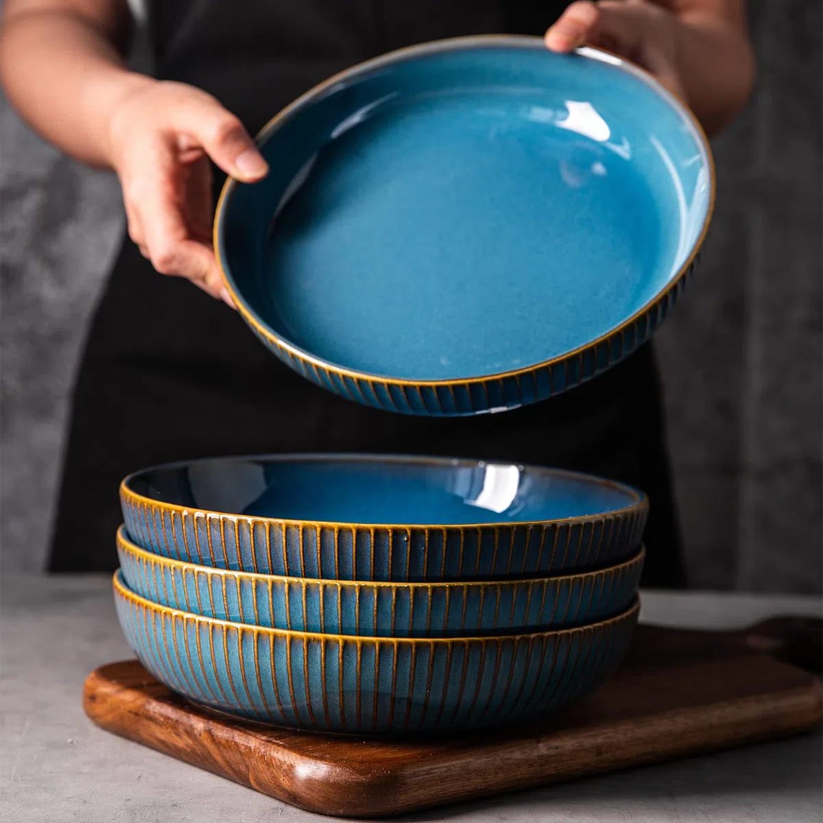 CSYY 21 cm Platos Hondos, 4 azules Platos para pasta, Platos Juegos de Porcelana, 1000 ml Platos llanos Platos para Ensalada Juegos