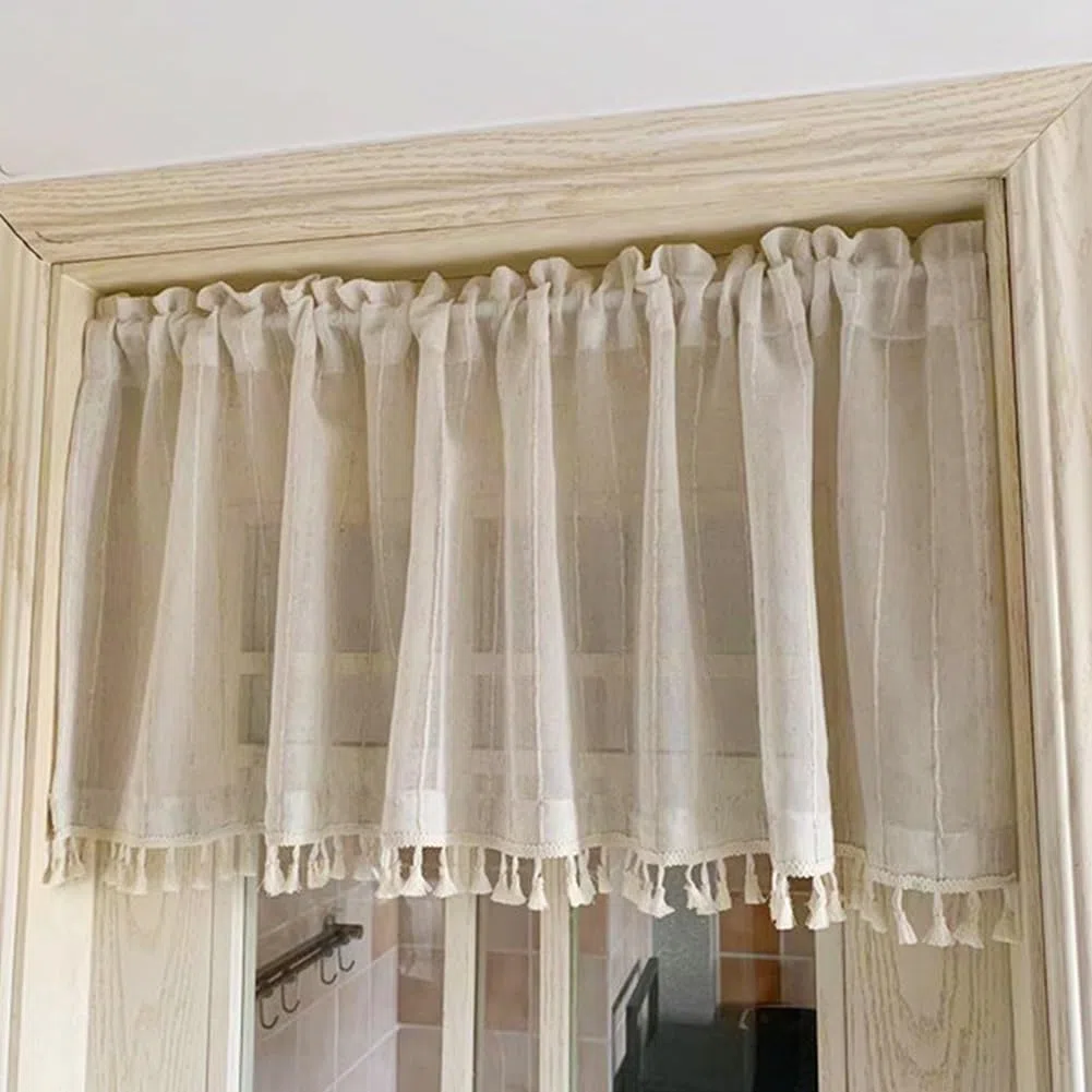 Cortina de cocina con textura de lino bohemio, cenefa semitransparente, panel corto rústico para ventanas pequeñas, bolsillo para barra
