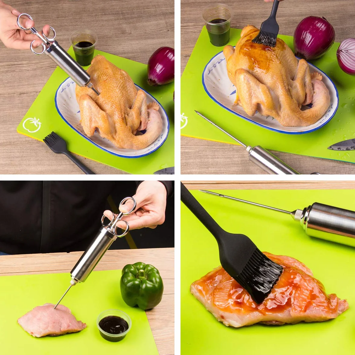 Jeringa de Cocina para Marinar Inyector de Salsas 60ml Inyector de Condimento Acero Inoxidable+3 Agujas +2 Separador de Carne +1 Cepillo, Jeringa para Rellenar Carne Inyector Salsas Asados Pavo Res