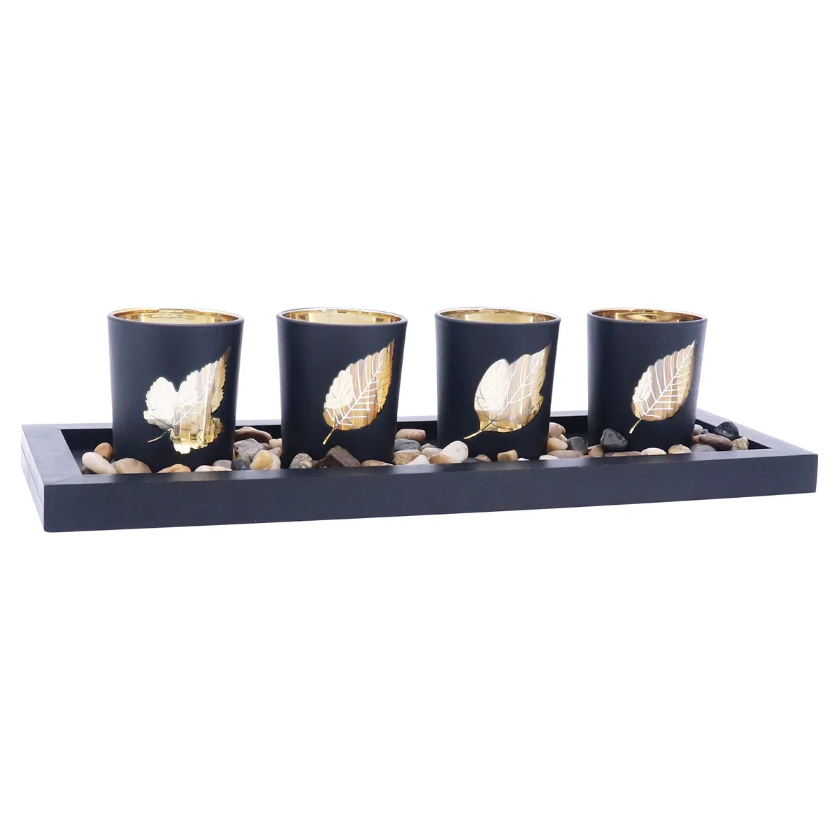 Juego de 4 portavelas de cristal, piedras naturales y bandeja de madera para decoración de mesa (hojas)