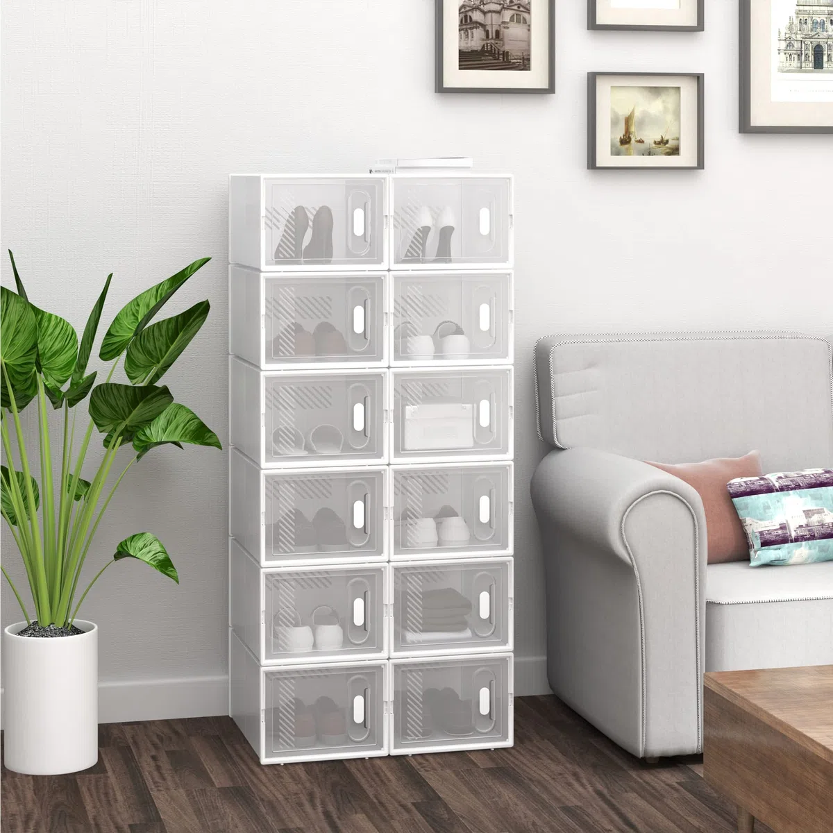 WOLTU 12X Cajas de Zapatos Transparentes, Cajas de Plástico Apilables y Plegables, Organizador de Almacenaje de Guardarropa, Zapateros con Tapa Frontal, 35x25x19 cm
