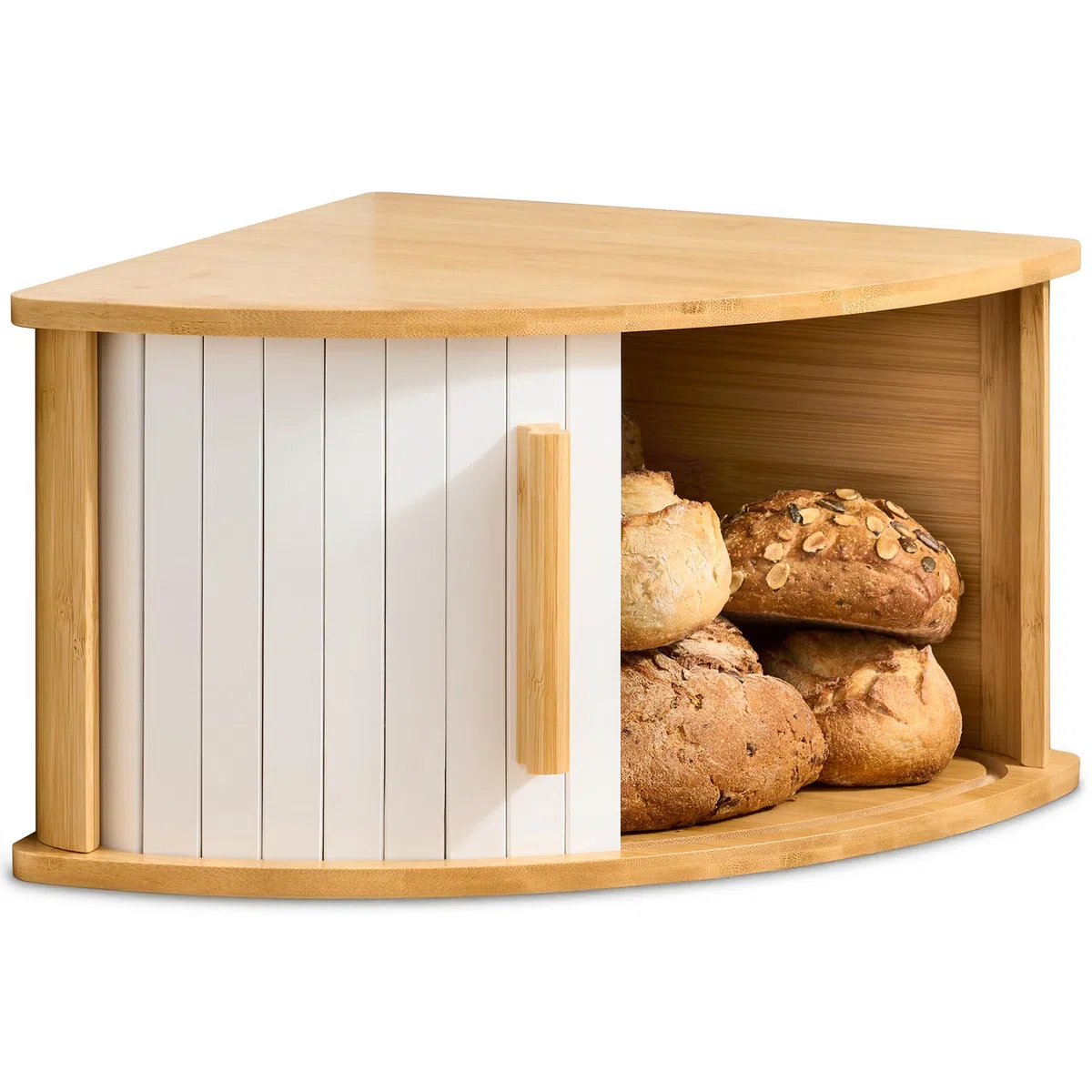 Praknu Panera de Esquina de Madera con Puerta Deslizante – Ahorra Espacio – Conserva el Pan Fresco por Más Tiempo – Montaje Sencillo con Guía (Blanco)