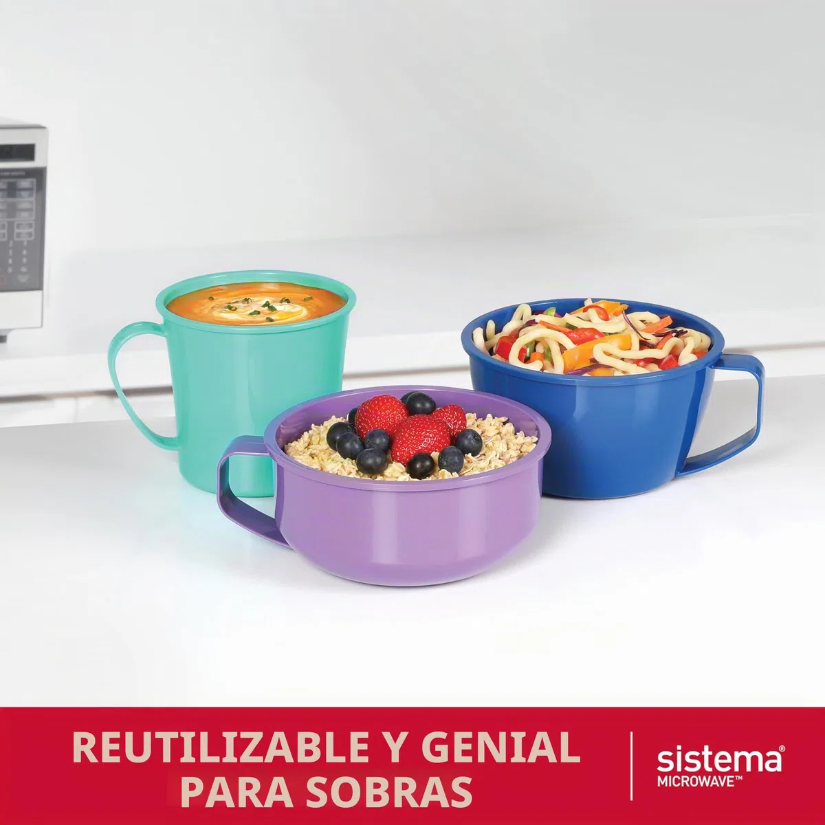 Sistema Recipientes para microondas | Taza para sopa para microondas, bol para gachas y bol para fideos | Recipientes para microondas con válvulas de liberación de vapor | Sin BPA | 3 unidades