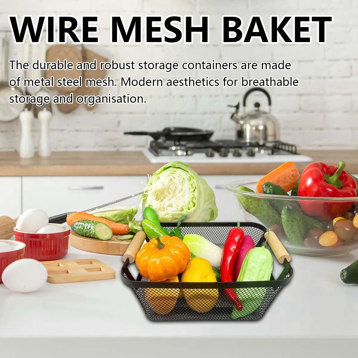 Cestas De Alambre, 2PC Cestas De Almacenamiento De Metal Negro Cesta De Cocina Con Asas De Madera Frutas Organizador Colgante Multifuncional Cestas De Estante Para Cocina Despensa Baño Dormitorio