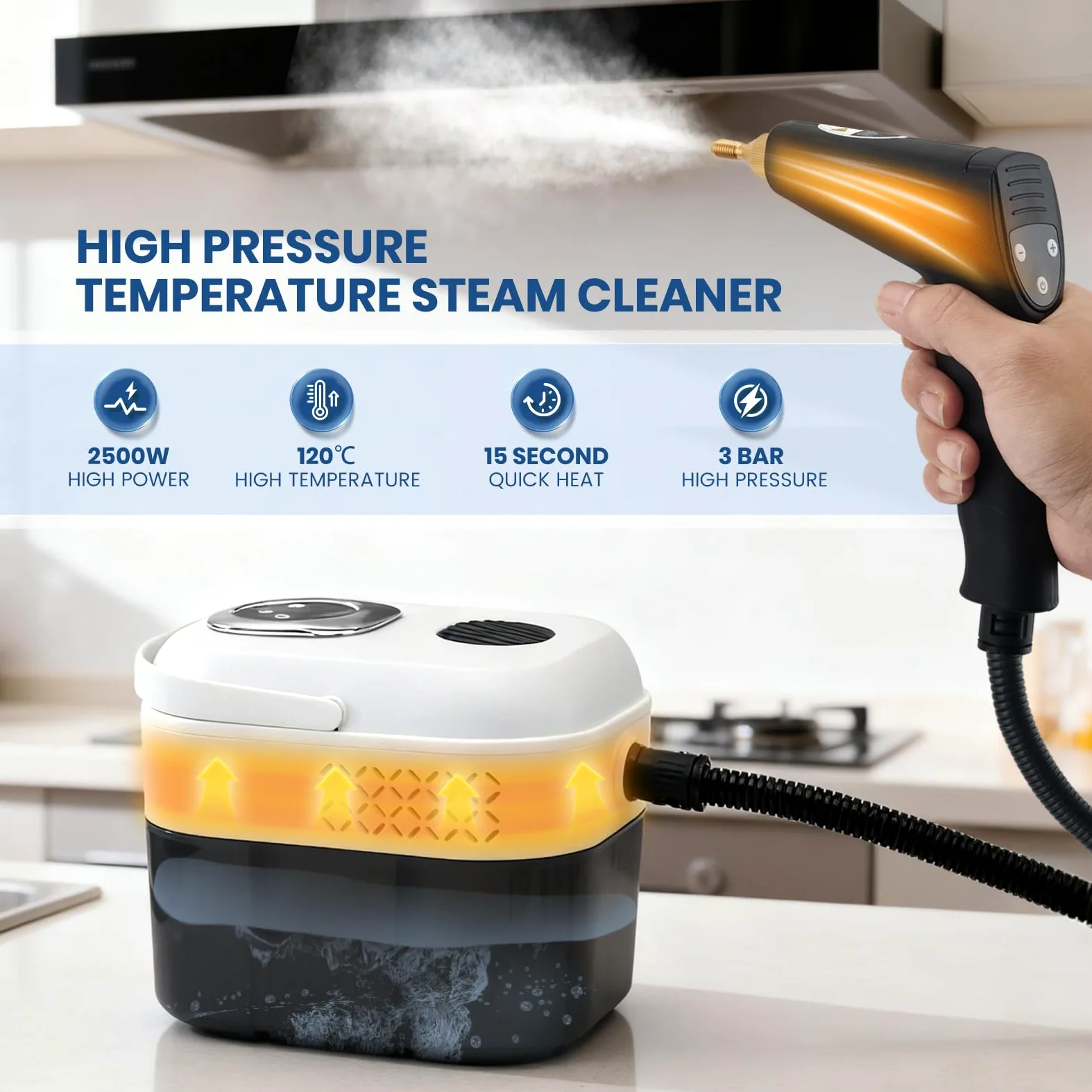 Limpiador de Vapor, 2500W Limpiador de Vapor Alta Presión de Mano con Depósito 1700ml, Tiempo Calentamiento 15 Segundos, 6 Niveles Vapor para Cocina, Baño, Sofá, Coche, Suelos