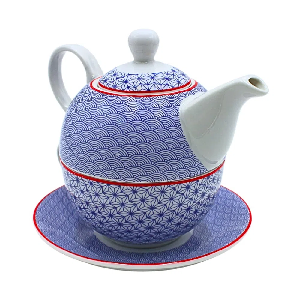 Dekohelden24 Jarra de porcelana, juego Tea for one, jarra para servir té, tetera, juego de té, taza de té con tetera, juego de teteras retro con taza de té de porcelana en azul, 15 x 15 x 16 cm (L/A/H