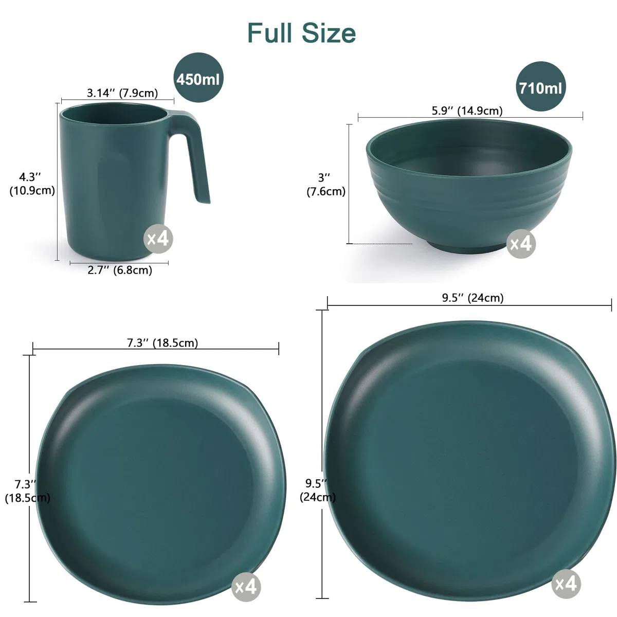 Greentainer Vajilla de PP | Vajilla combinada con 4 platos llanos, 4 platos de postre, 4 cuencos, 4 tazas para 4 personas, ligero e irrompible, 16 piezas para niños y adultos