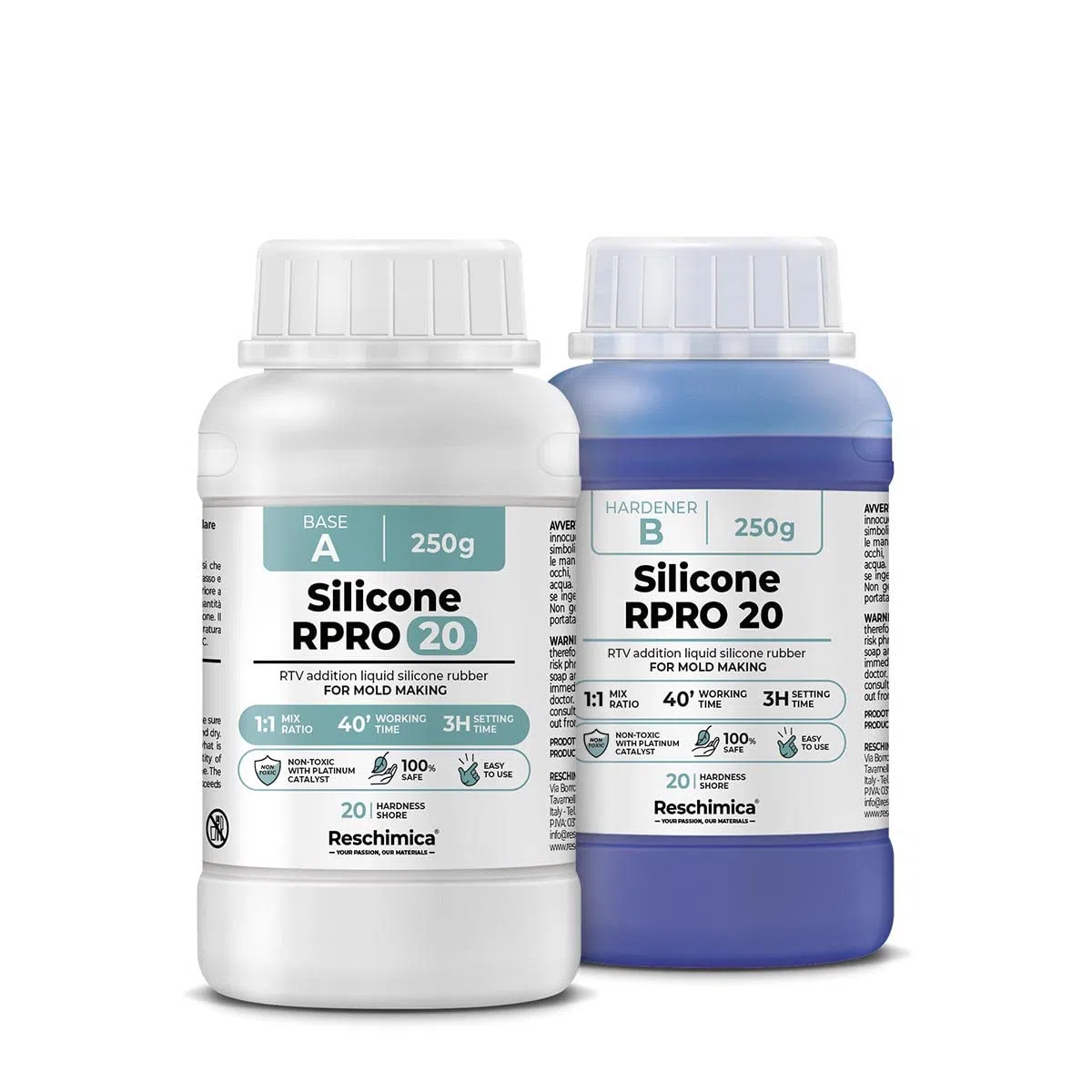 RESCHIMICA Silicona para Moldes Resistentes R PRO 20 (500 gr) Silicona Platino Para Hacer Moldes No Tóxica 1:1 Fácil de Usar Rápida Dureza Media 20 Shore para Resina Yeso y Fundición