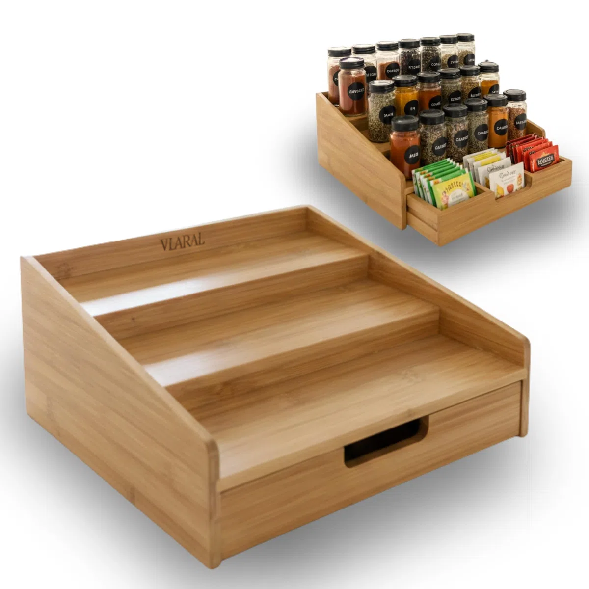 Especiero para Cocina de Madera de Bambú - Organizador de Especias Estantes Cocina - Spice Rack compacto para mantener tus especias ordenadas y ahorrar espacio con 3 Estantes y Cajón Inferior