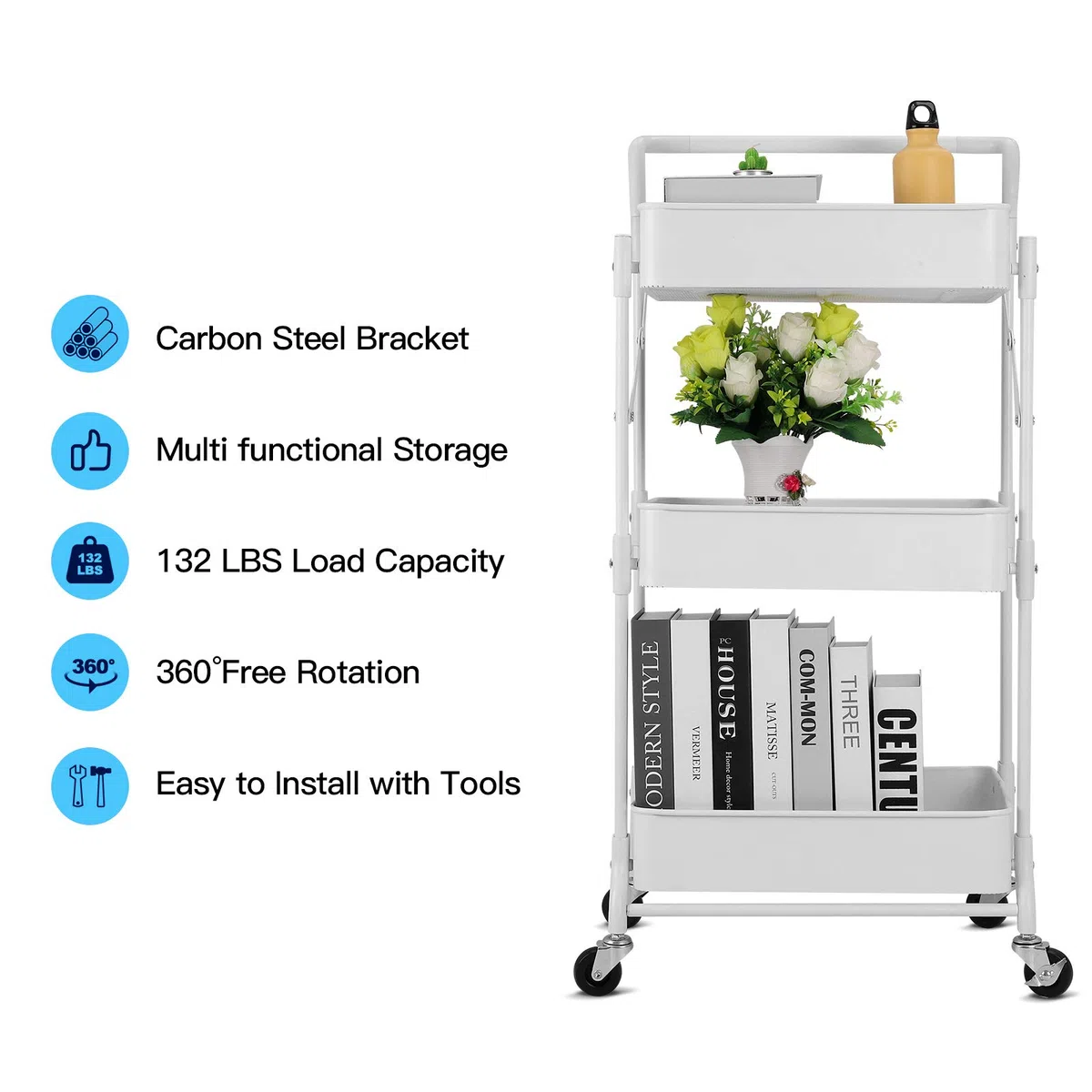 johgee Carrito Plegable de Metal de 3 Niveles, Plegable, multifunción, Organizador para el hogar, Biblioteca, Oficina (Plegable, Blanco)
