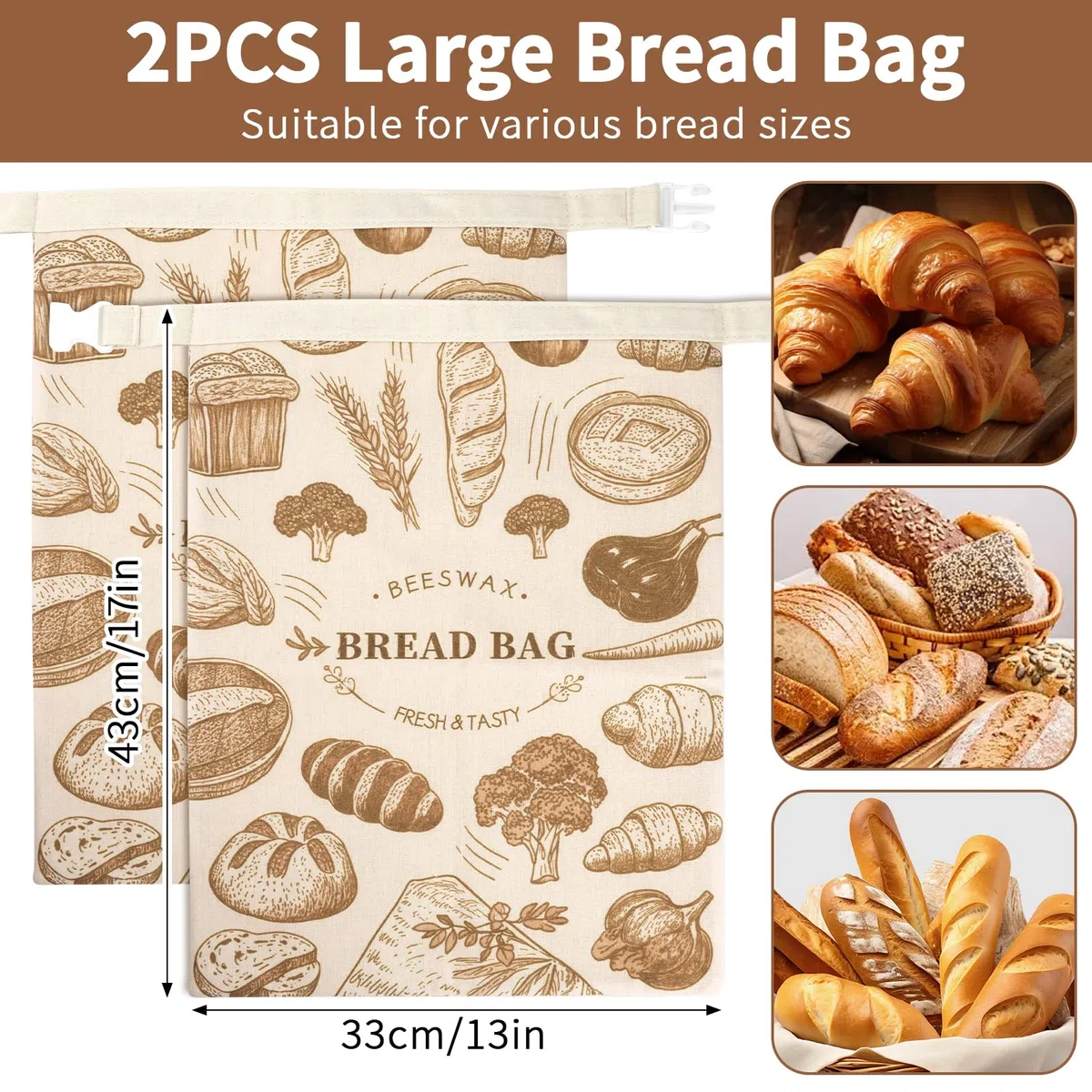 Bolsas de pan de cera de abejas, 2 unidades, reutilizables, de lino, para guardar el pan con cierre de cremallera, para mantener frescos el pan y los productos horneados, 43 x 33 cm