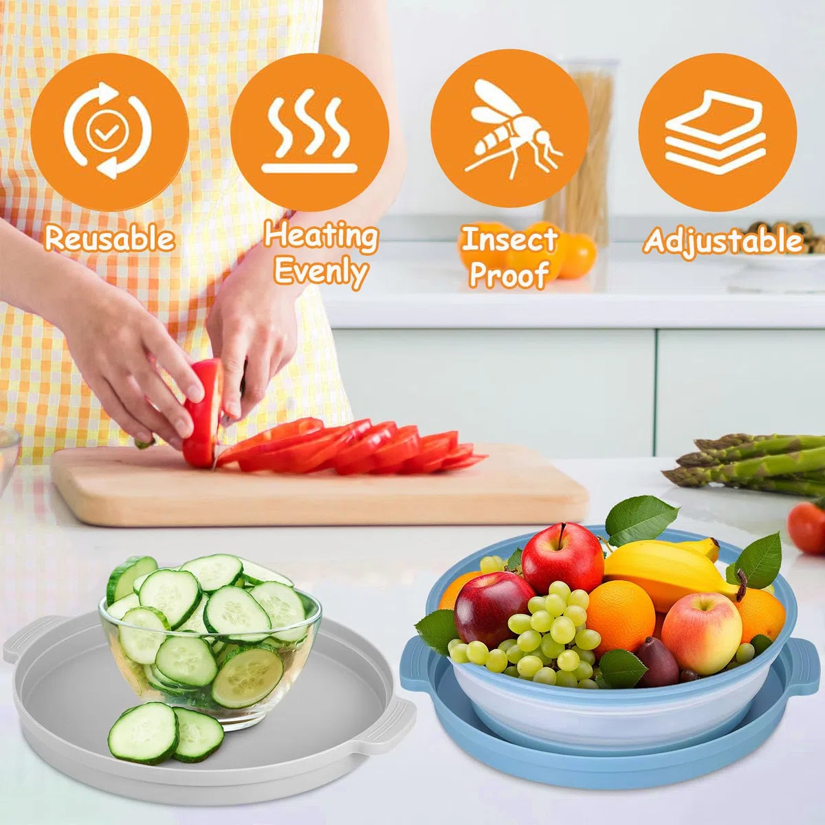 2 cubiertas plegables para microondas, tapa antisalpicaduras, cesta de filtro con agujeros de vapor, tapa de microondas con agujeros de vapor, reutilizable, para frutas y verduras, gris, azul