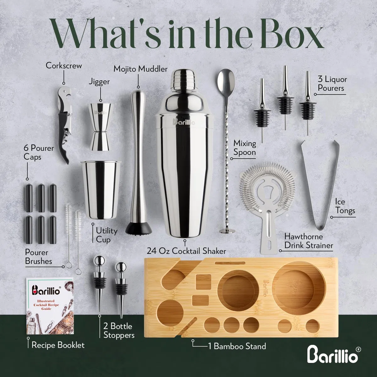 Barillio Elite Mixology - Juego de coctelera para Barman con Herramientas de Barra, Elegante Soporte de bambú, Bolsa de Transporte de Terciopelo y folleto de Recetas
