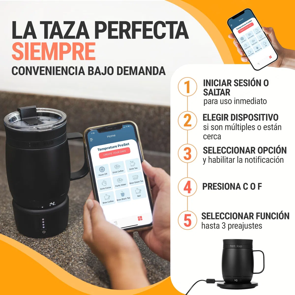 Hot Kup - Taza inteligente autocalentable con base eléctrica portátil opcional, Calentar y Preparar Bebidas Calientes - Control Total de Temperatura para Café, Calentar leche y Purificar agua - Blanco