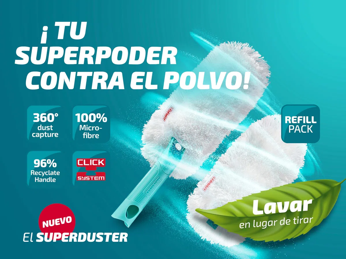Leifheit SUPERDUSTER con Funda de Repuesto, Plumero Largo Extensible, Lavable a 40º, Tejido de Microfibra, Compatible con el Click System de Leifheit, Lavar no Tirar