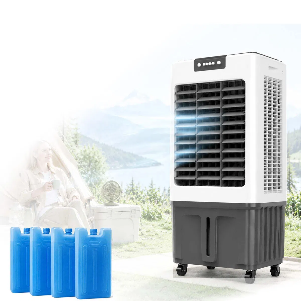 Enfriador De Aire Evaporativo PortáTil, con ruedas pivotantes, Tanque De Agua, Dispositivo de Enfriamiento Sin Tubo, 3 Velocidades, Temporizador 24 Horas, para Enfriamiento de Dormitorio