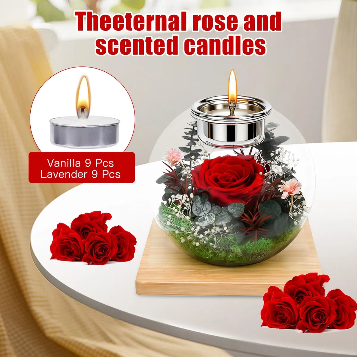 Rosa eterna en cristal, regalos para mujeres, flores conservadas para mujeres, mamá, novia, contacto redondo de cristal con 18 velas perfumadas, regalo para Navidad, día de la madre, día de San