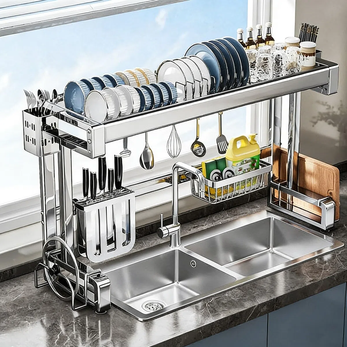 Escurridor de platos para encimera de cocina sobre fregadero, estante de metal multifuncional para organización de cocina, almacenamiento de doble capa para platos, vasos, cuencos, cubiertos, 97 cm