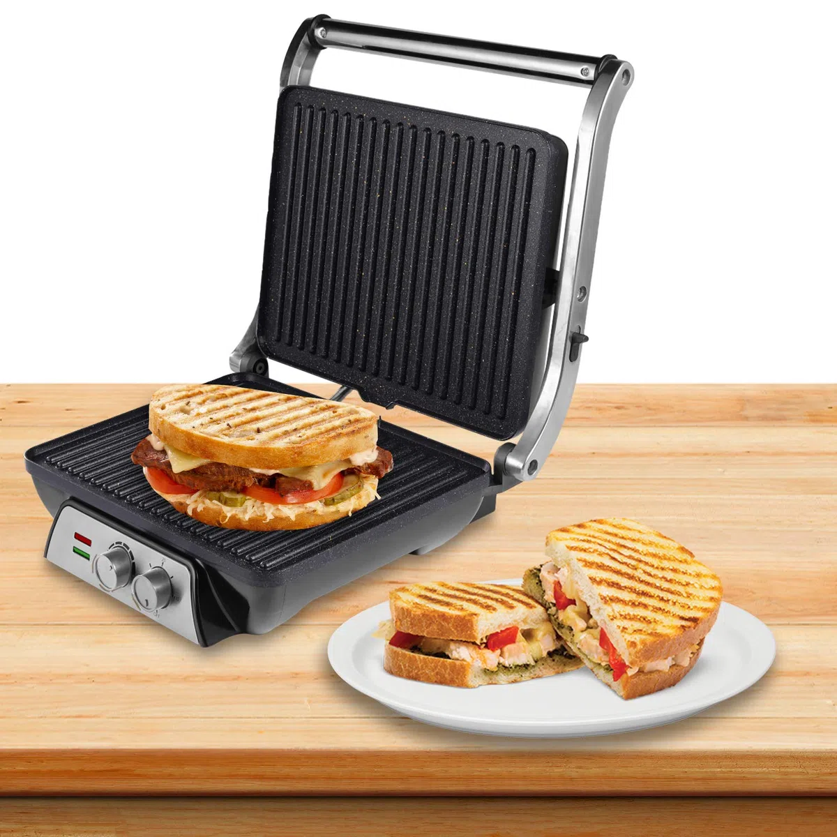 SOGO Sandwichera Eléctrica 3 en 1 - Grill Sandwichera Plancha de cocina con regulador de temperatura y temporizador, Placas Grill Antiadherentes de piedra de 24x19 cm, Apertura 180º, 2000W (SS-7137)